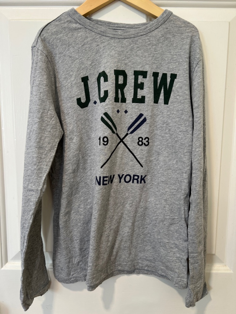 J. Crew Gray Crewneck Sweater with Green & Navy Logo